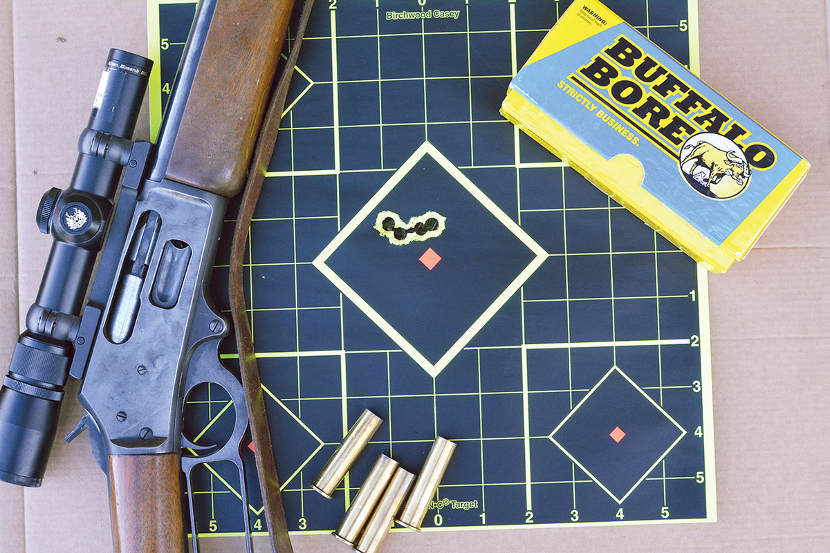 This early post-World War II Marlin Model 1895 has fired thousands of rounds and is a proven hunting rifle. This four-shot group was fired at 75 yards.